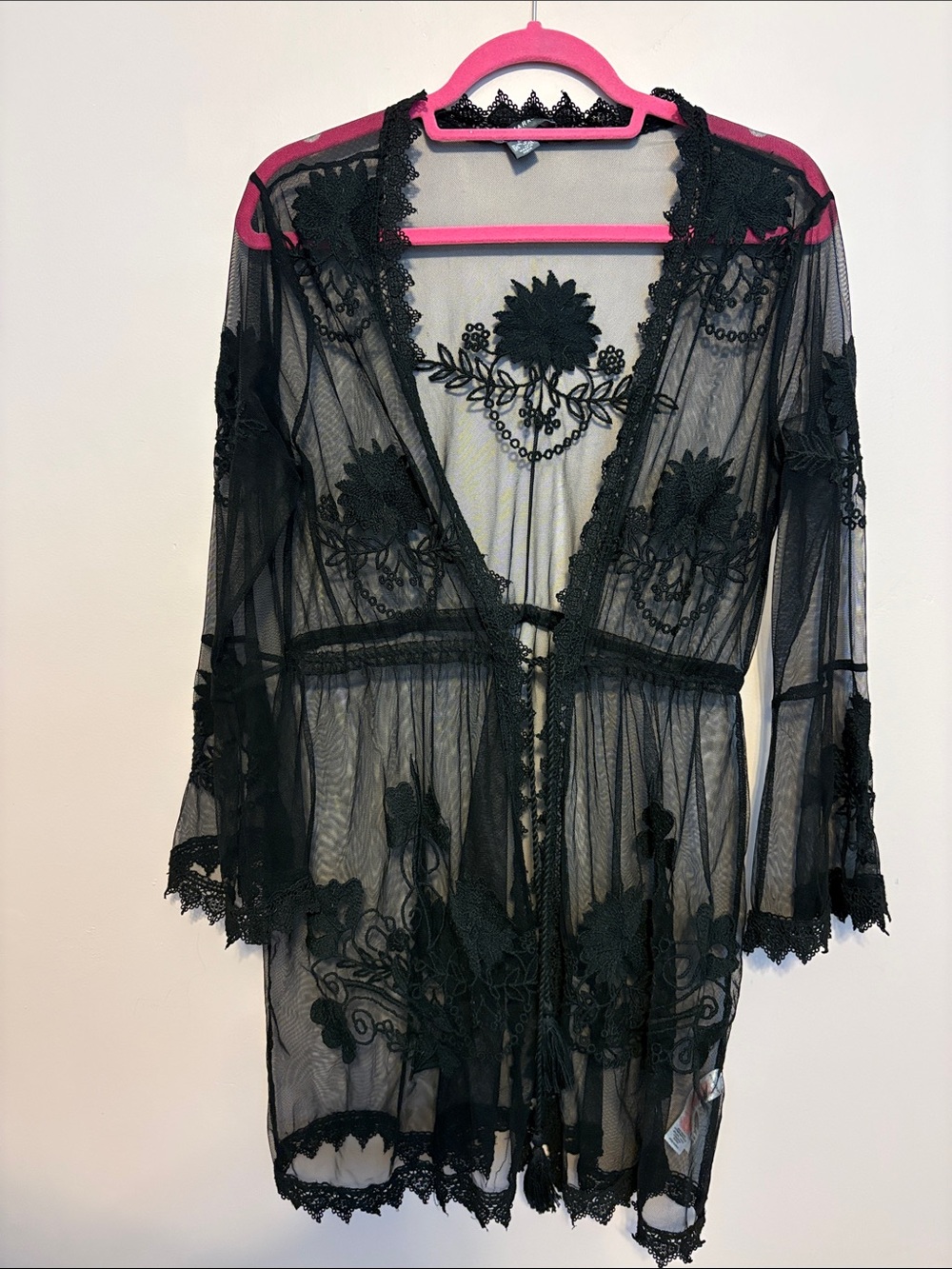 Primark Sheer Black Floral Lace Tie-Front Robe
